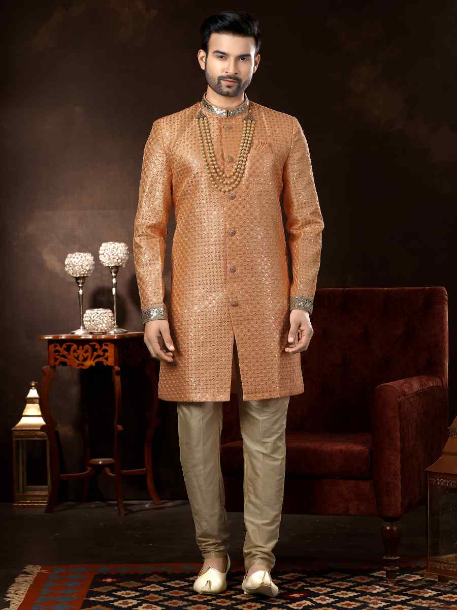 Peach Brocade Woven Wedding Party Sherwani