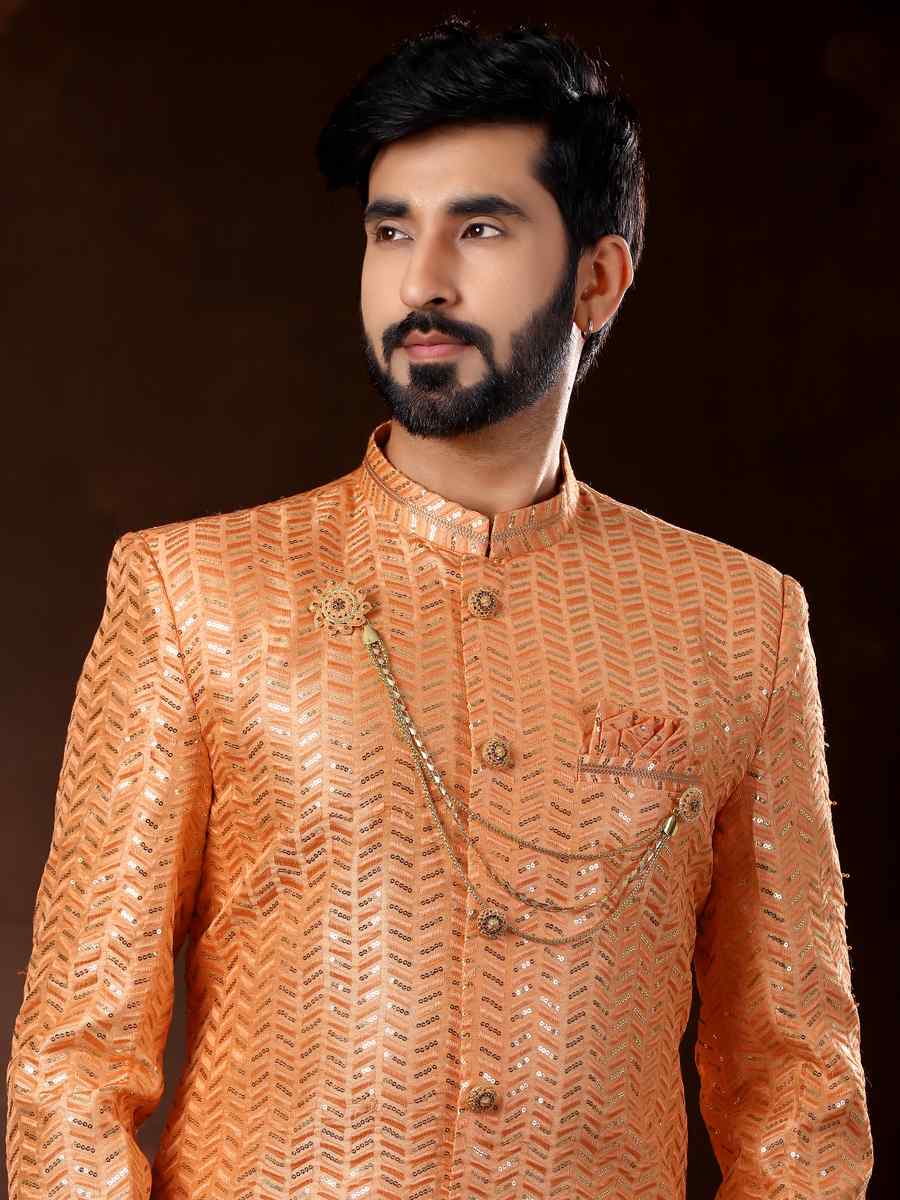 Peach Brocade Woven Wedding Party Sherwani