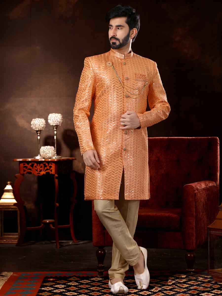 Peach Brocade Woven Wedding Party Sherwani