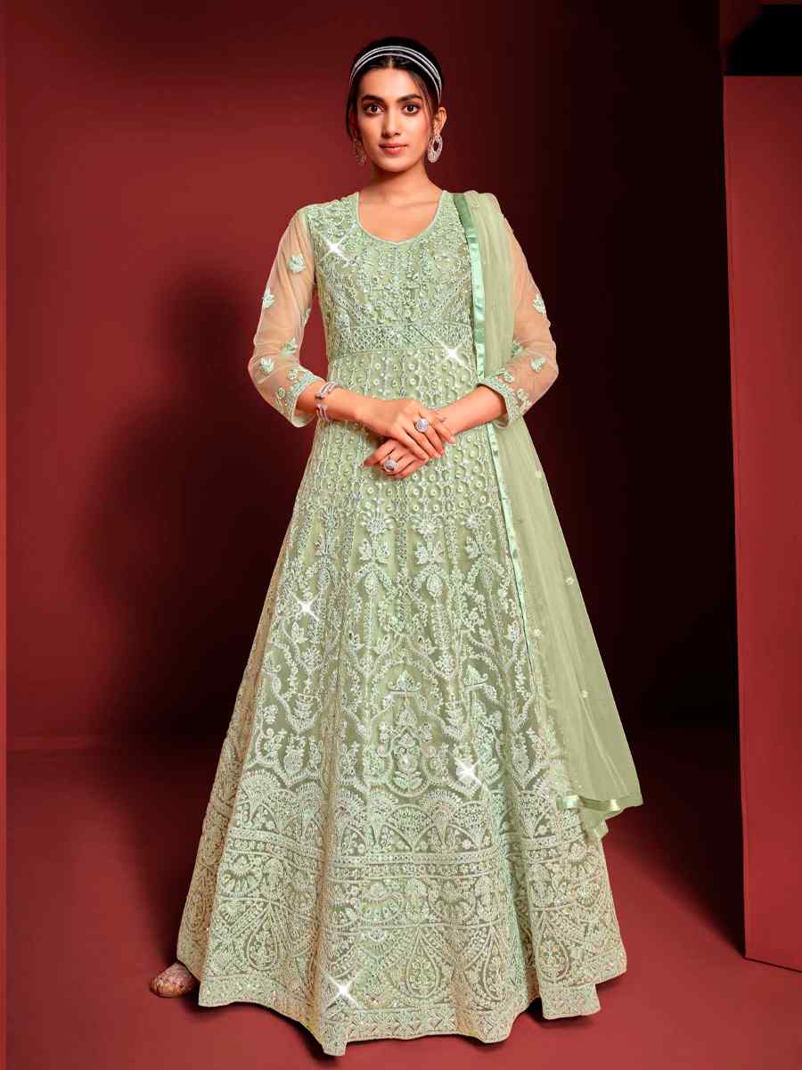 Peach Buterfly Net Embroidered Wedding Festival Anarkali Salwar Kameez