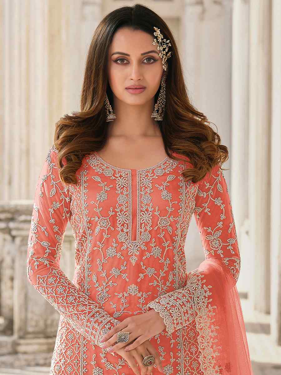 Peach Buterfly Net Embroidered Wedding Festival Pant Salwar Kameez