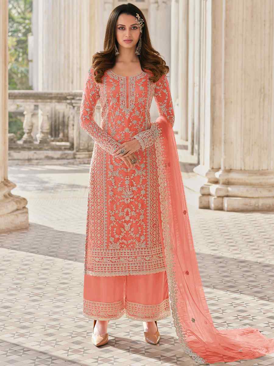 Peach Buterfly Net Embroidered Wedding Festival Pant Salwar Kameez