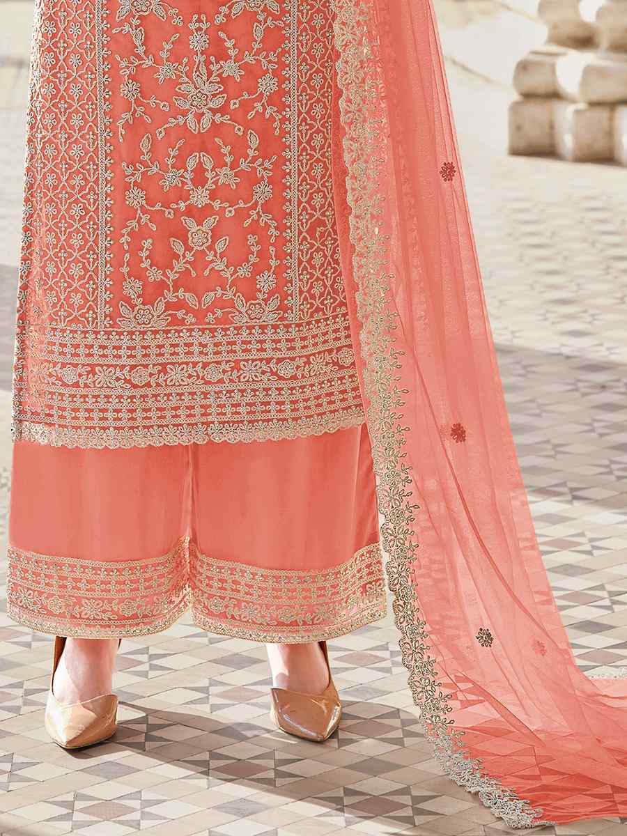 Peach Buterfly Net Embroidered Wedding Festival Pant Salwar Kameez