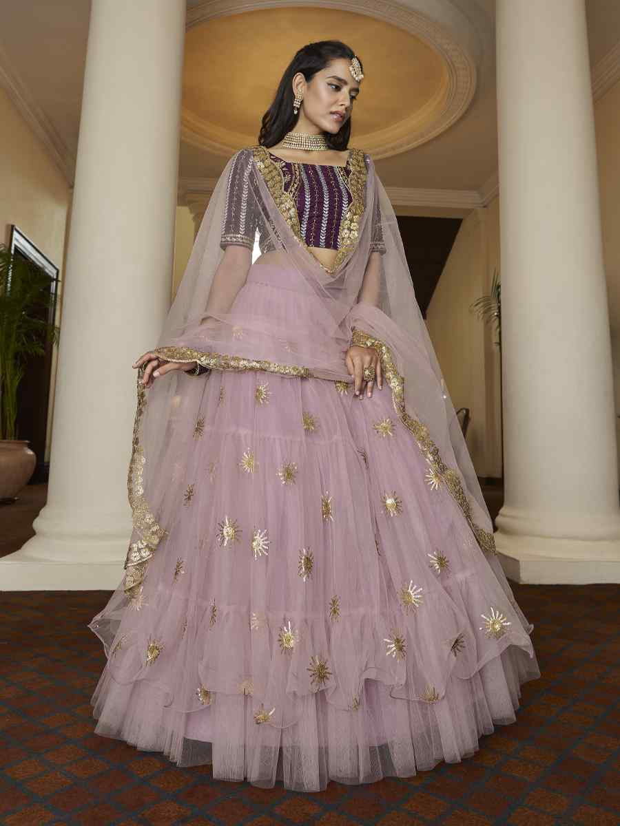 Peach Butterfly Net Embroidered Engagement Wedding Heavy Border Lehenga Choli