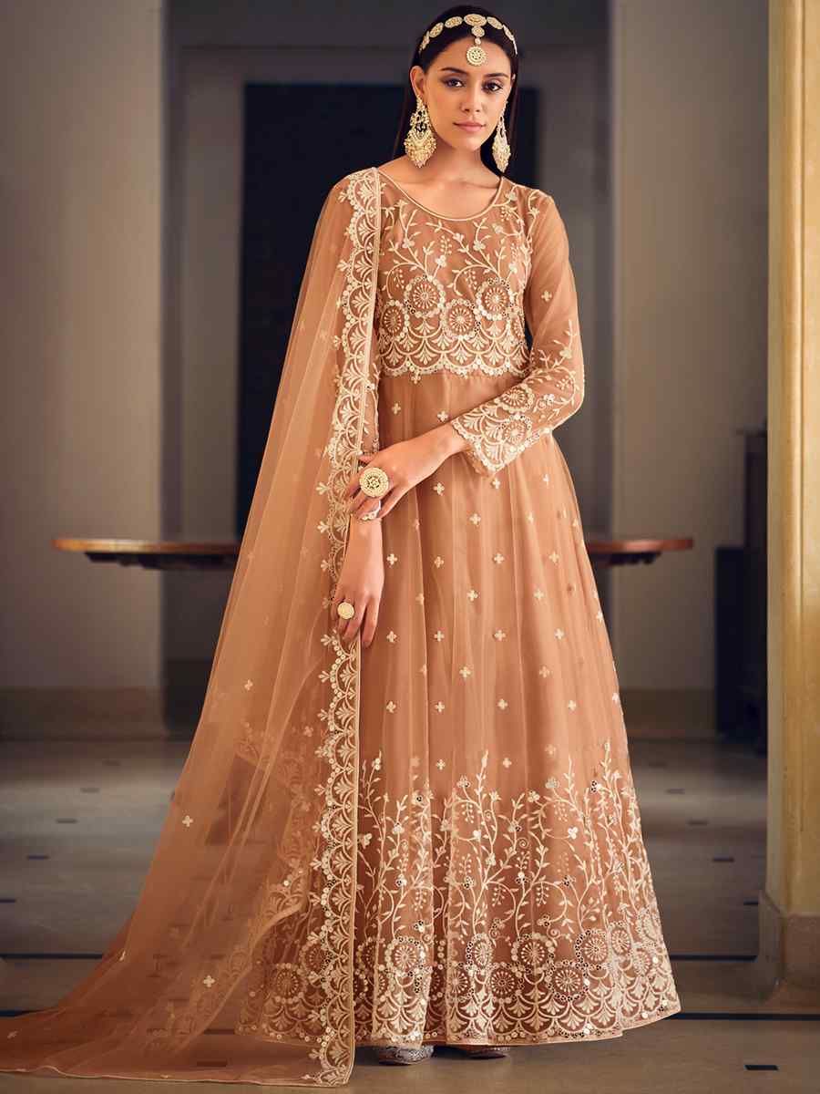 Peach Butterfly Net Embroidered Festival Party Anarkali Salwar Kameez