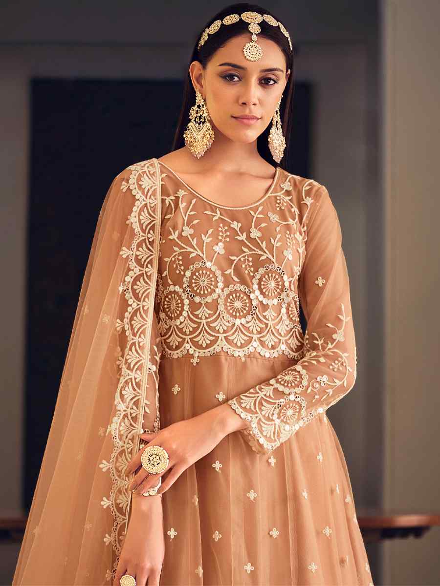 Peach Butterfly Net Embroidered Festival Party Anarkali Salwar Kameez