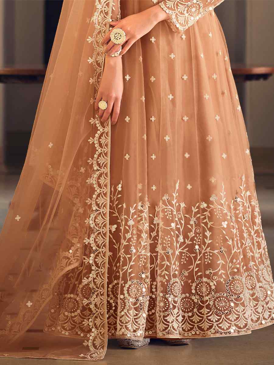 Peach Butterfly Net Embroidered Festival Party Anarkali Salwar Kameez