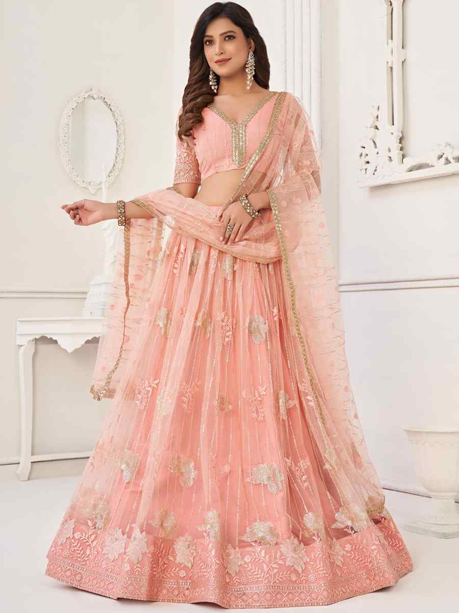 Peach Butterfly Net Embroidered Festival Wedding Circular Lehenga Choli