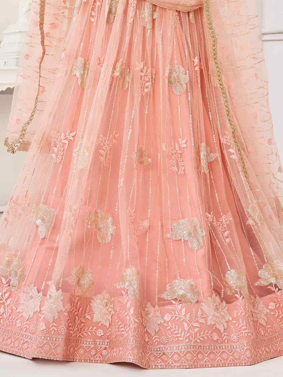 Peach Butterfly Net Embroidered Festival Wedding Circular Lehenga Choli