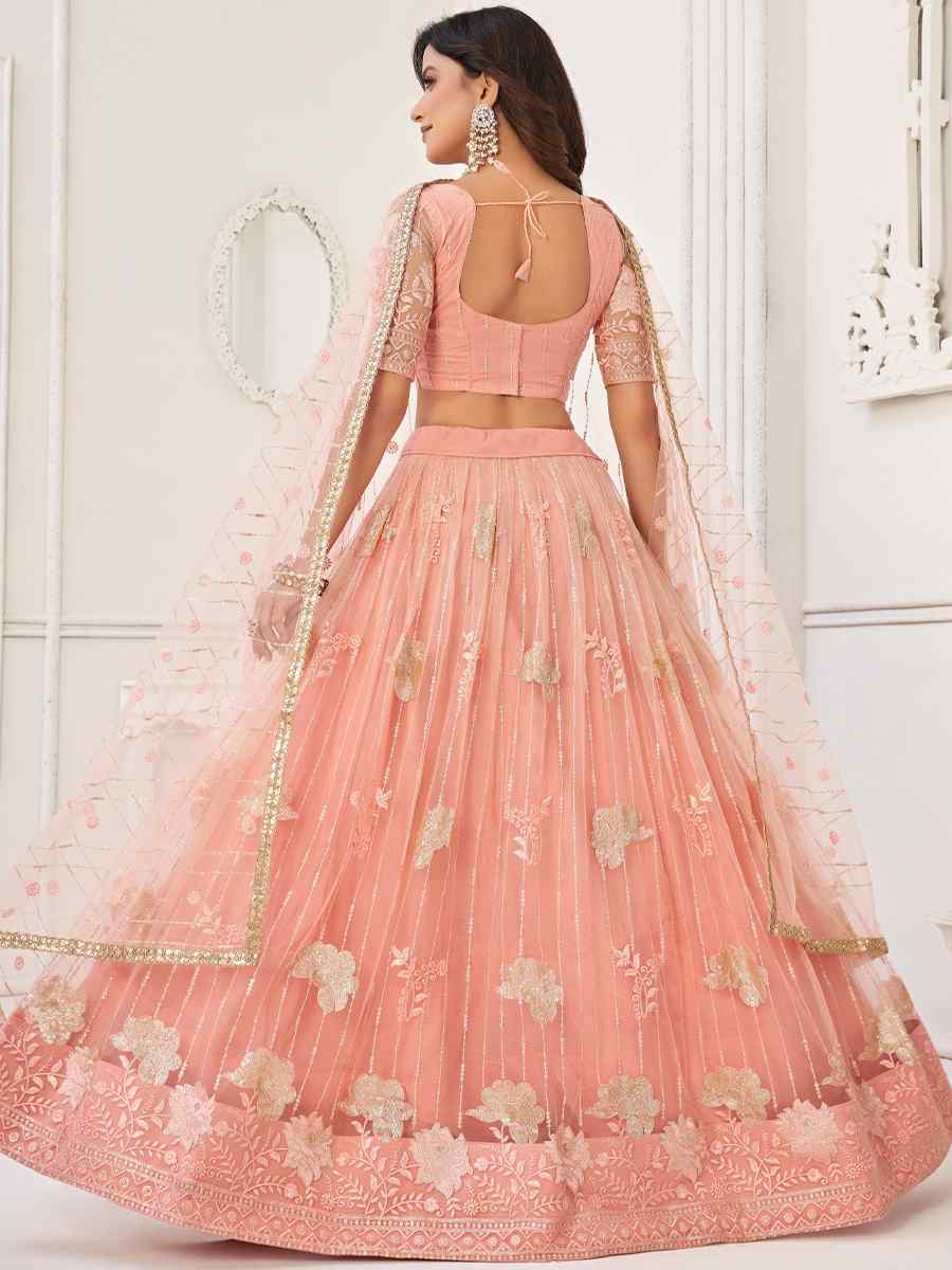 Peach Butterfly Net Embroidered Festival Wedding Circular Lehenga Choli