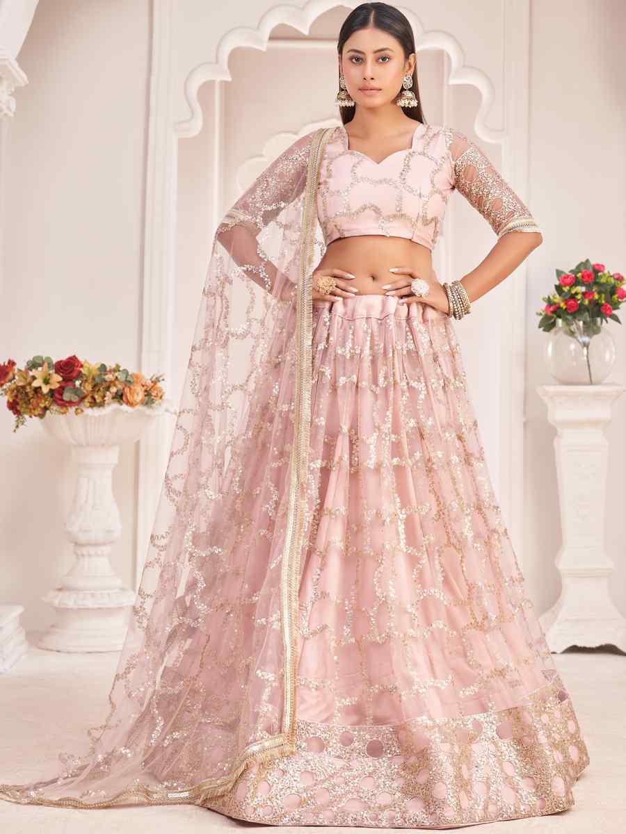 Peach Butterfly Net Embroidered Party Wear Festival Heavy Border Lehenga Choli