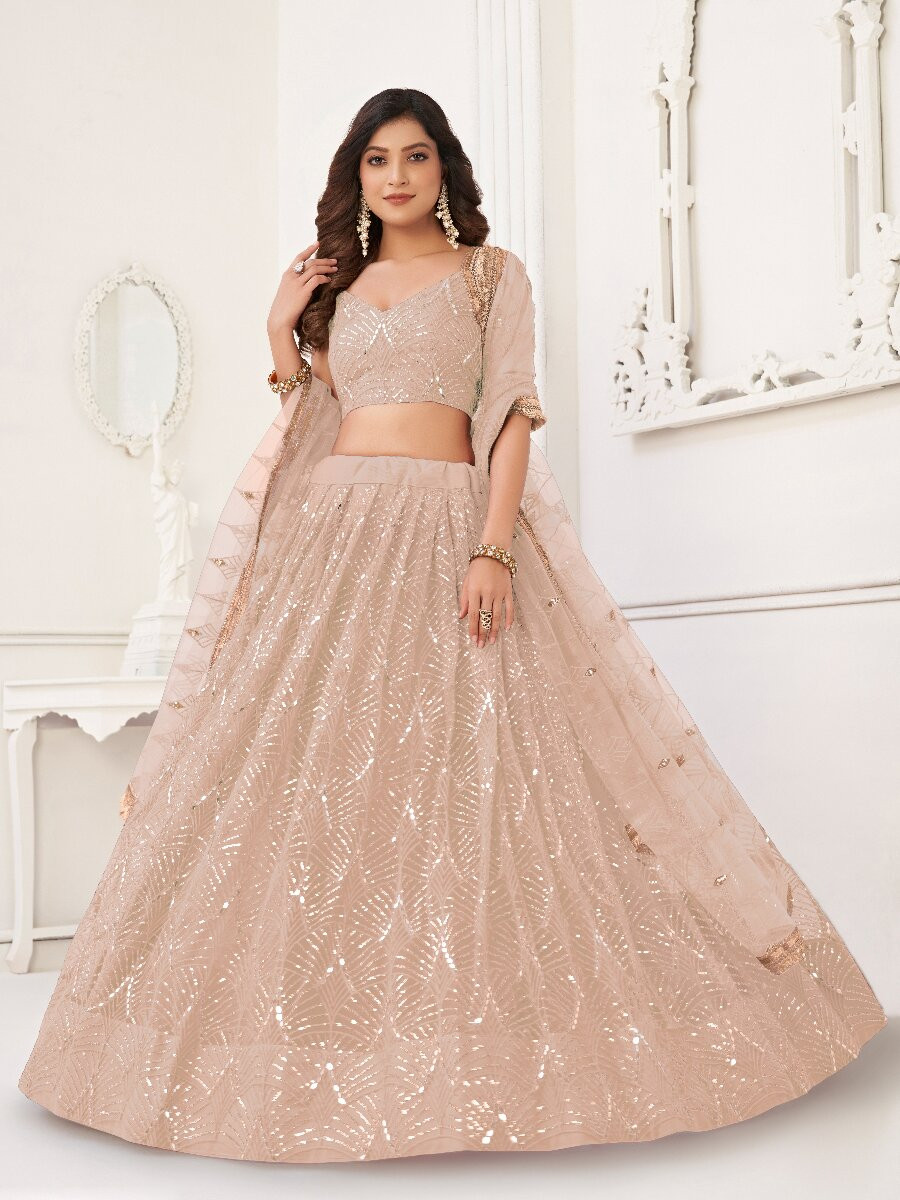 Peach Butterfly Net Embroidery Sequins Wedding Festival Party Wear Traditional Lehenga Choli