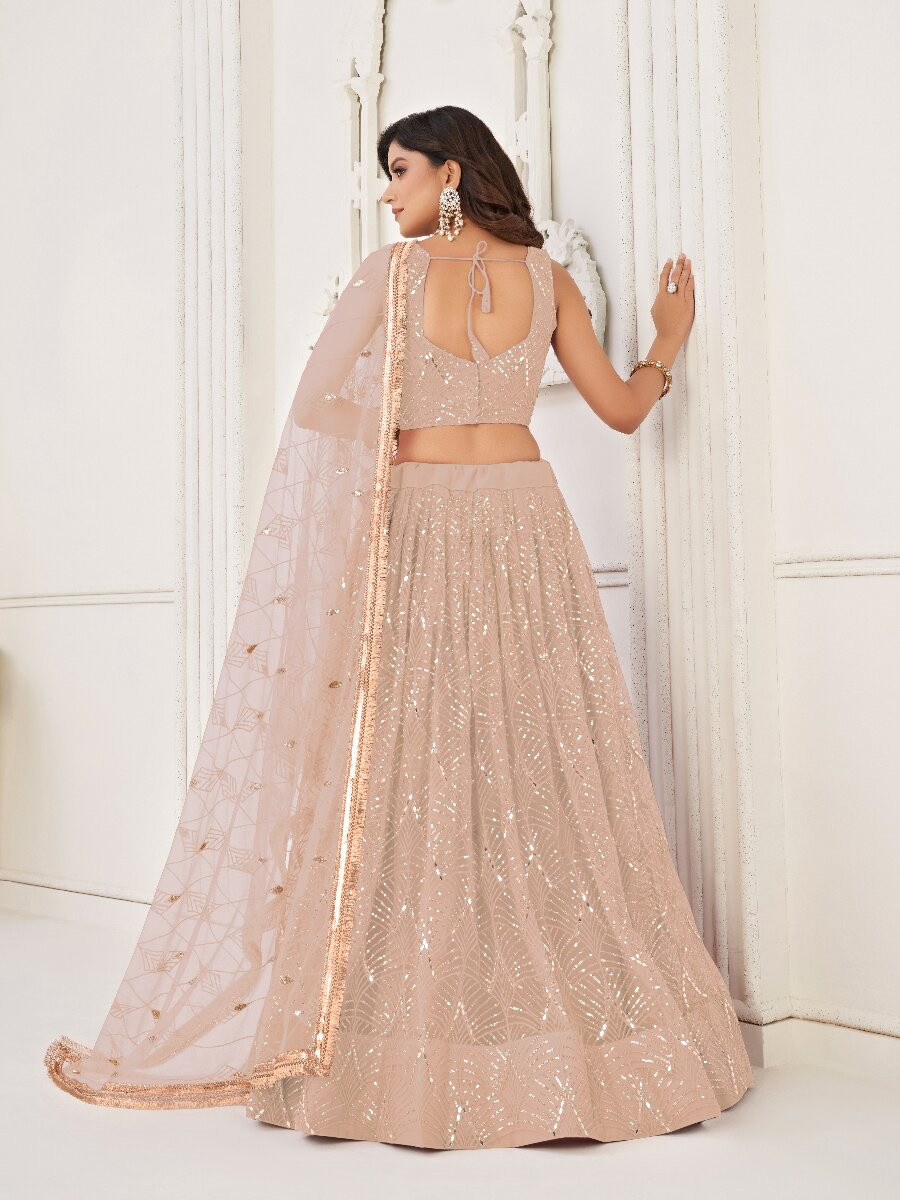 Peach Butterfly Net Embroidery Sequins Wedding Festival Party Wear Traditional Lehenga Choli