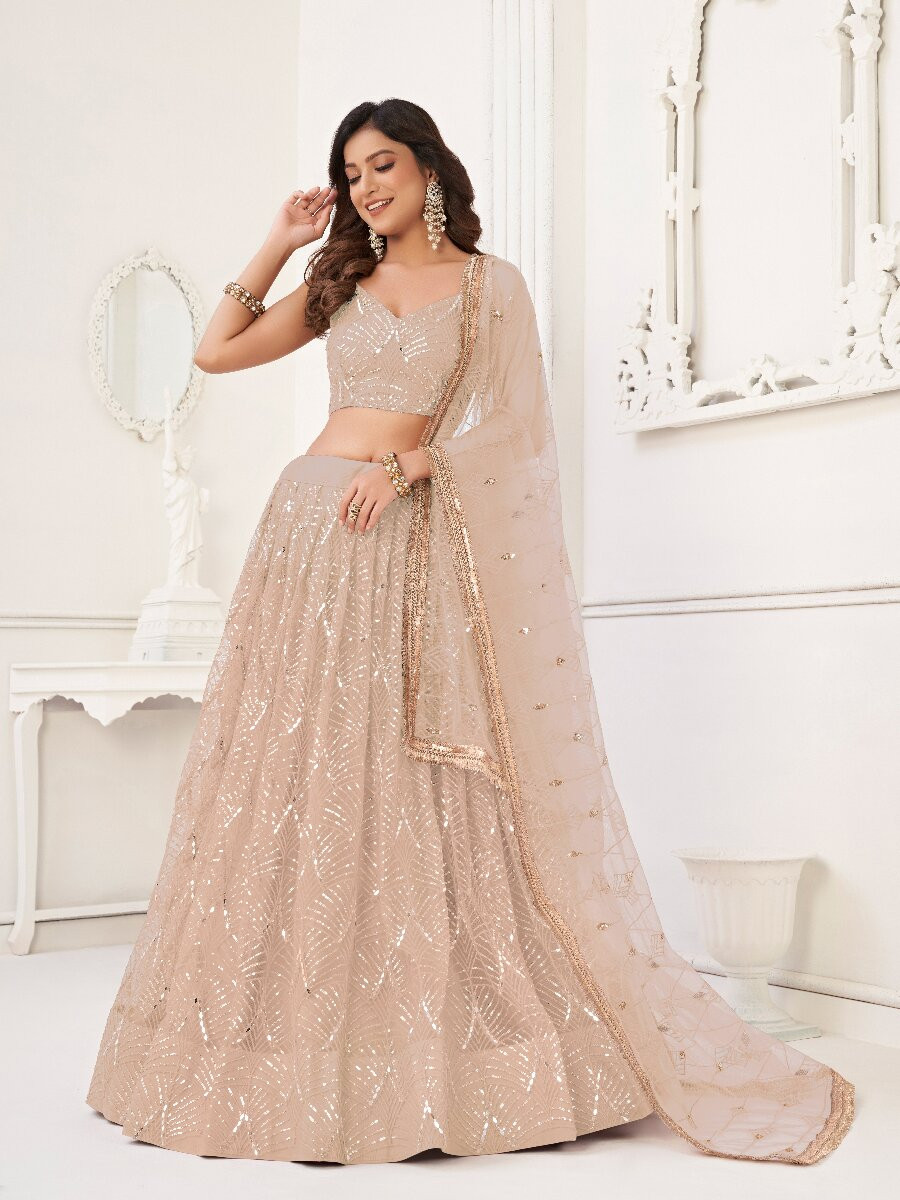 Peach Butterfly Net Embroidery Sequins Wedding Festival Party Wear Traditional Lehenga Choli