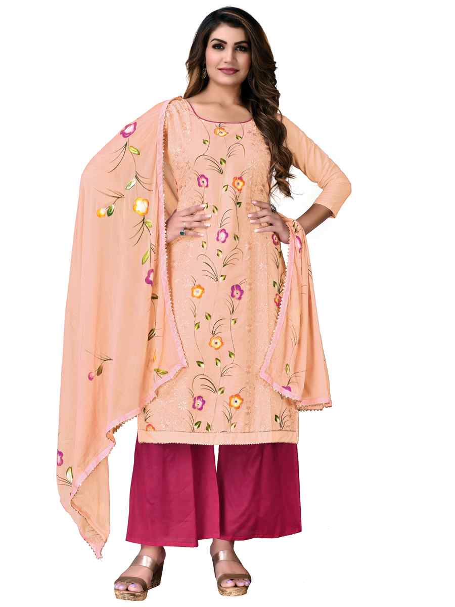 Peach Cambric Cotton Embroidered Festival Wedding Palazzo Pant Salwar Kameez
