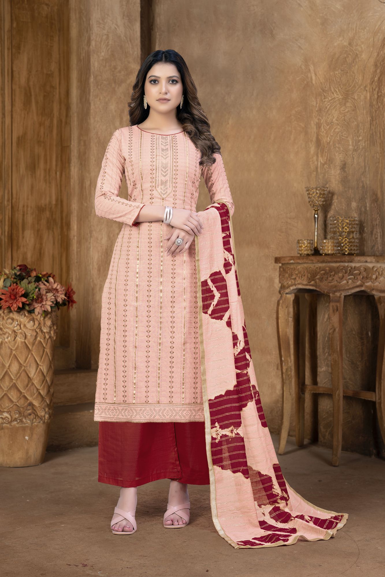Peach Cambric Cotton Lace Party  Festival Pant Salwar Kameez
