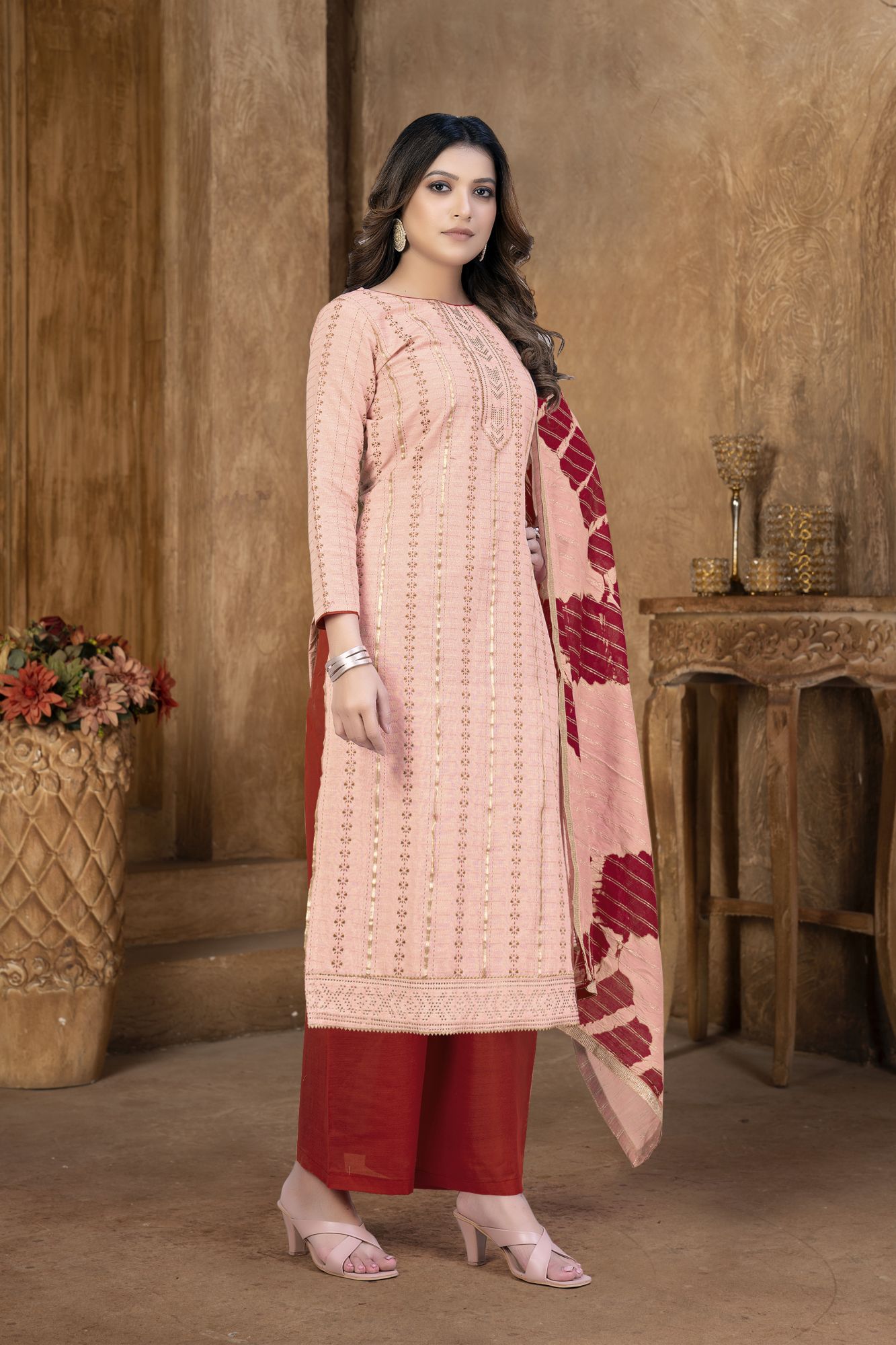 Peach Cambric Cotton Lace Party  Festival Pant Salwar Kameez