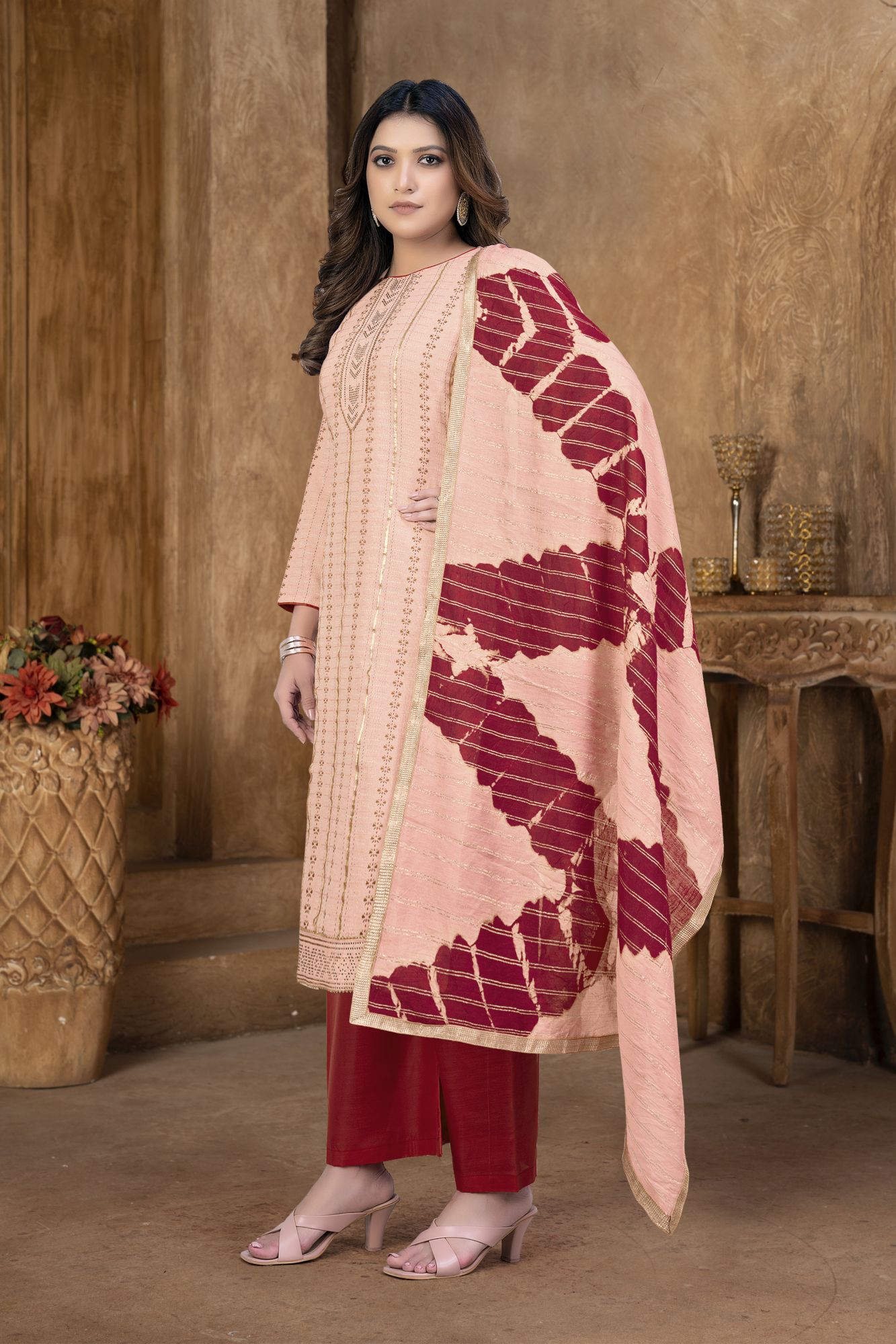 Peach Cambric Cotton Lace Party  Festival Pant Salwar Kameez