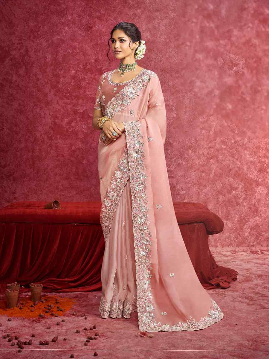 Peach Casio  Embroidery Bridal Reception Festival Wedding Fancy Heavy Border Saree