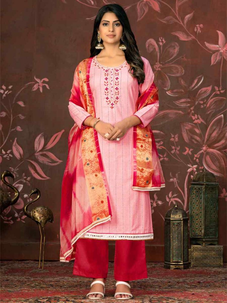 Peach Cembric Cotton Embroidered Casual Festival Pant Salwar Kameez