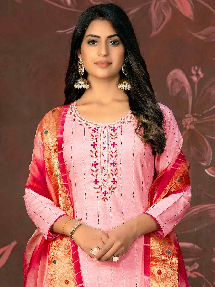 Peach Cembric Cotton Embroidered Casual Festival Pant Salwar Kameez