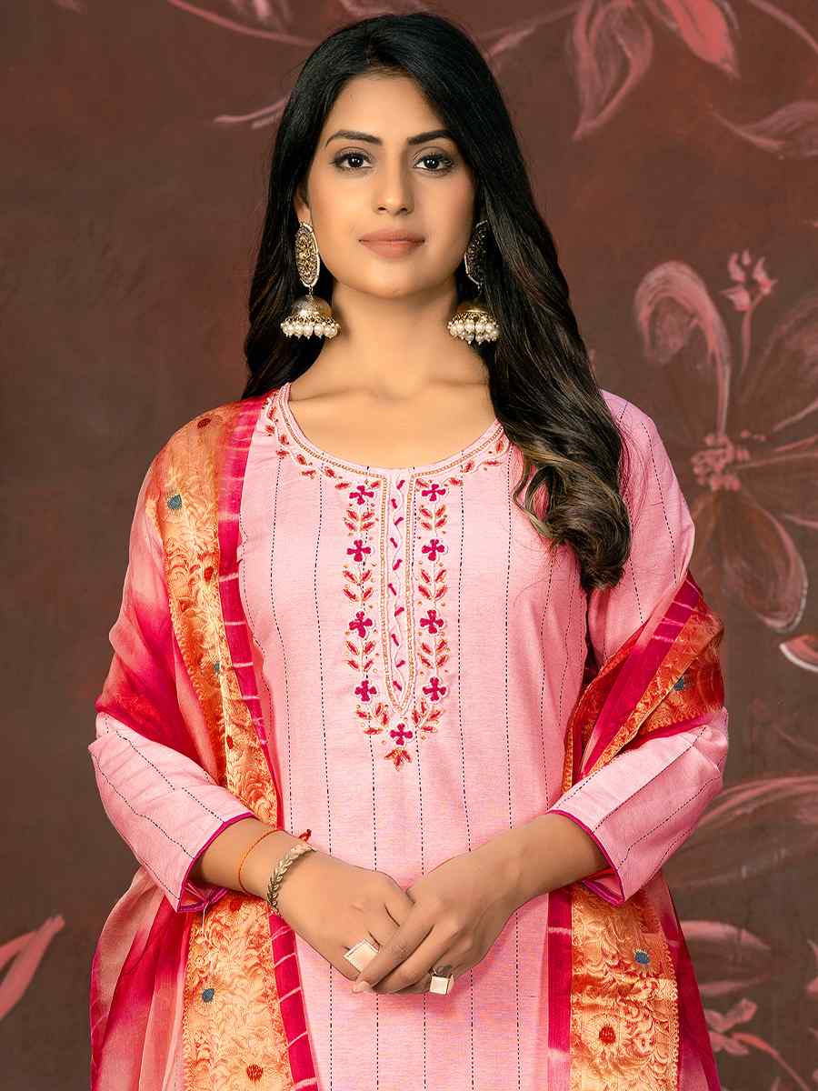 Peach Cembric Cotton Embroidered Casual Festival Pant Salwar Kameez
