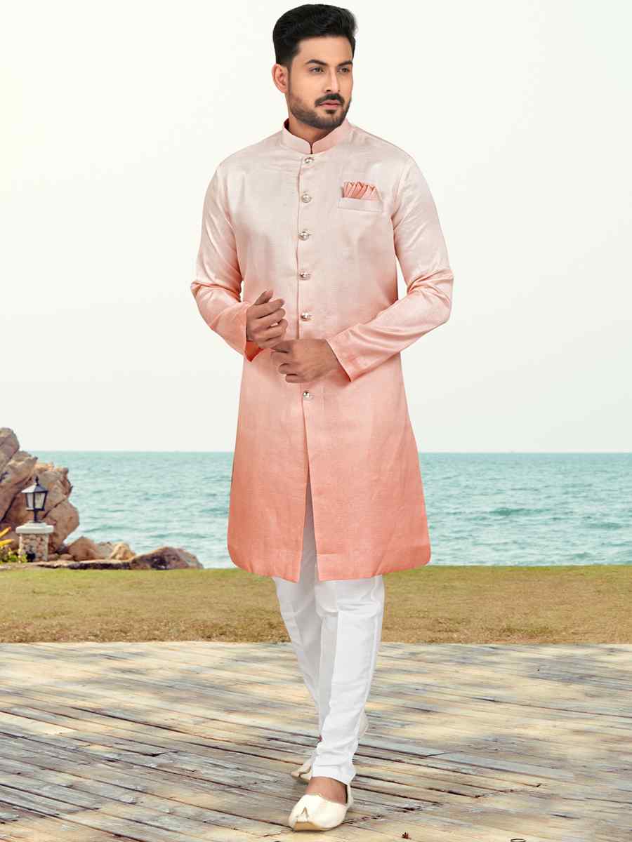 Peach Champion Silk Printed Festival Party Sherwani