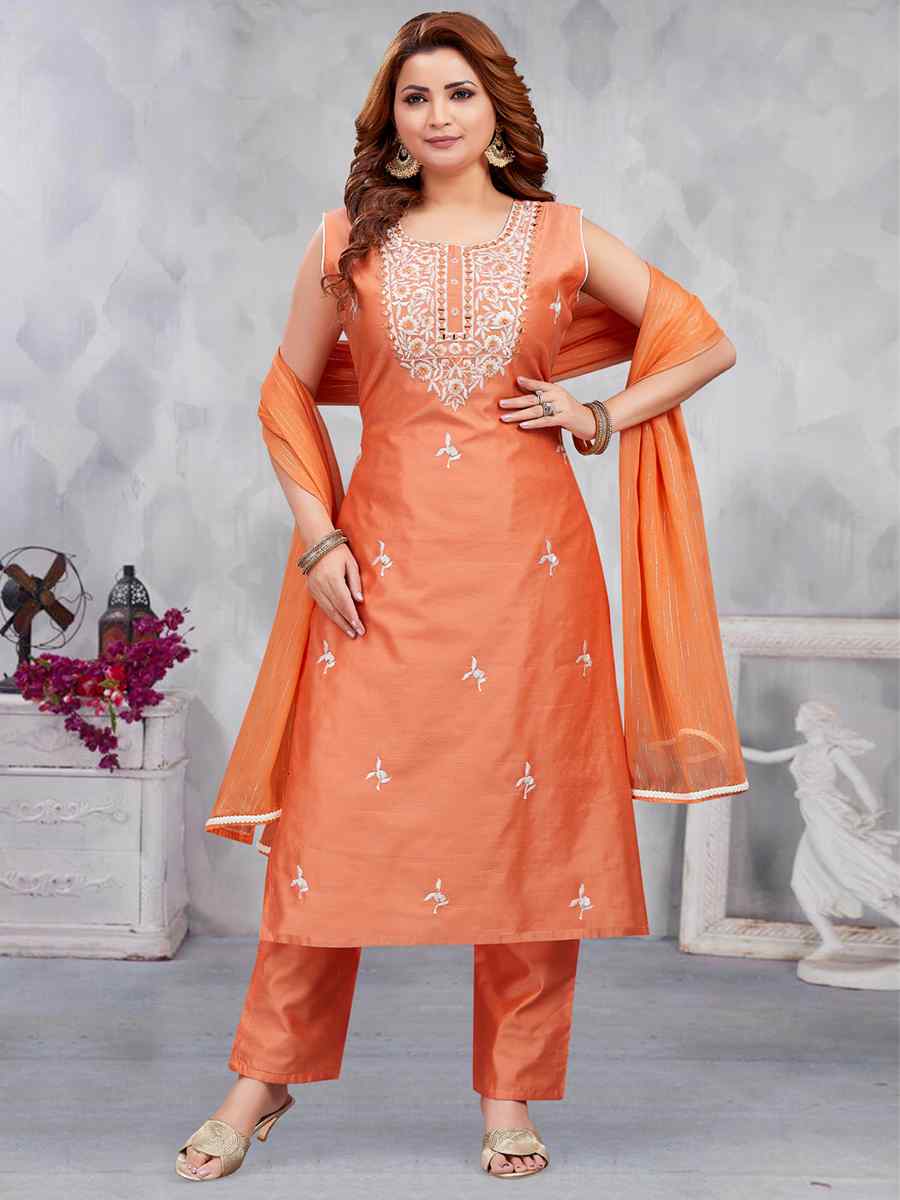Peach Chandari Silk Embroidered Festival Casual Pant Salwar Kameez