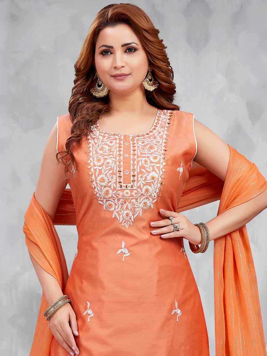 Peach Chandari Silk Embroidered Festival Casual Pant Salwar Kameez