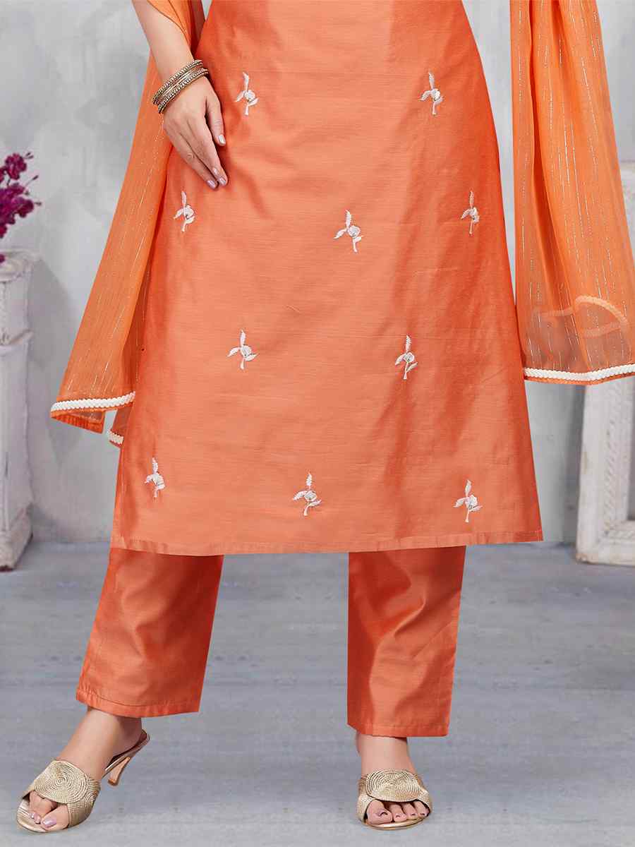 Peach Chandari Silk Embroidered Festival Casual Pant Salwar Kameez