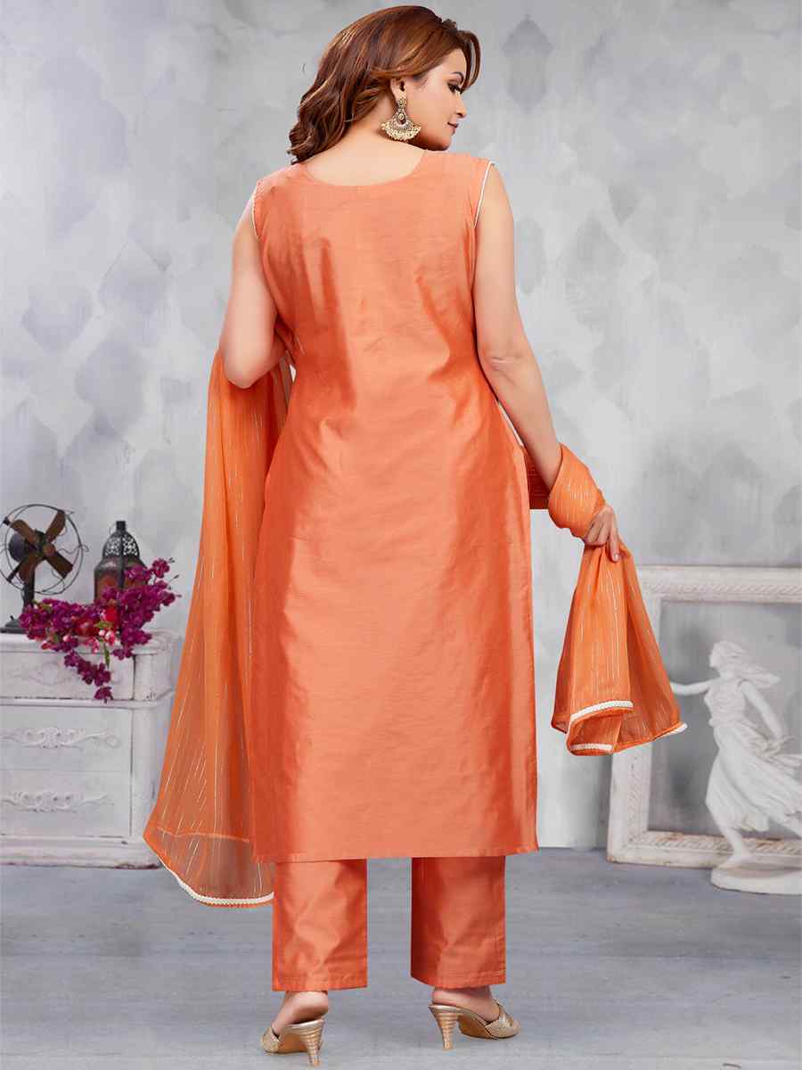 Peach Chandari Silk Embroidered Festival Casual Pant Salwar Kameez
