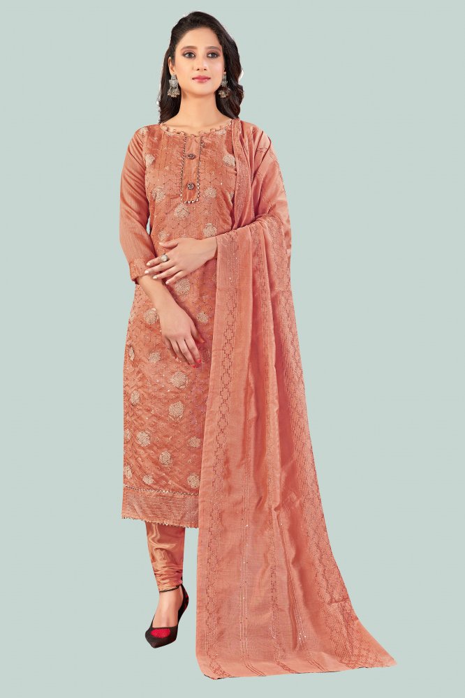 Peach Chanderi Embroidered Sequins Festival Party Churidar Salwar Kameez