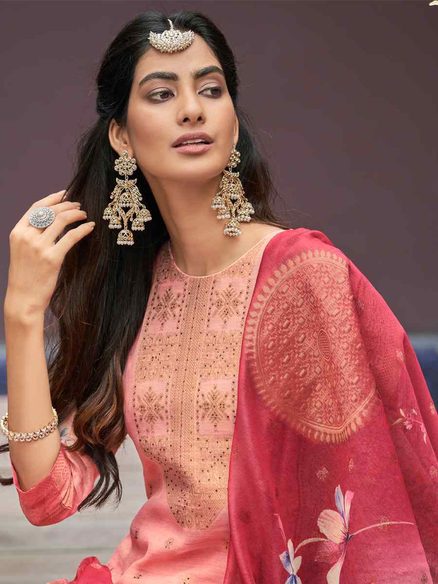 Peach Chanderi Jacquard Embroidered Festival Wedding Anarkali Salwar Kameez