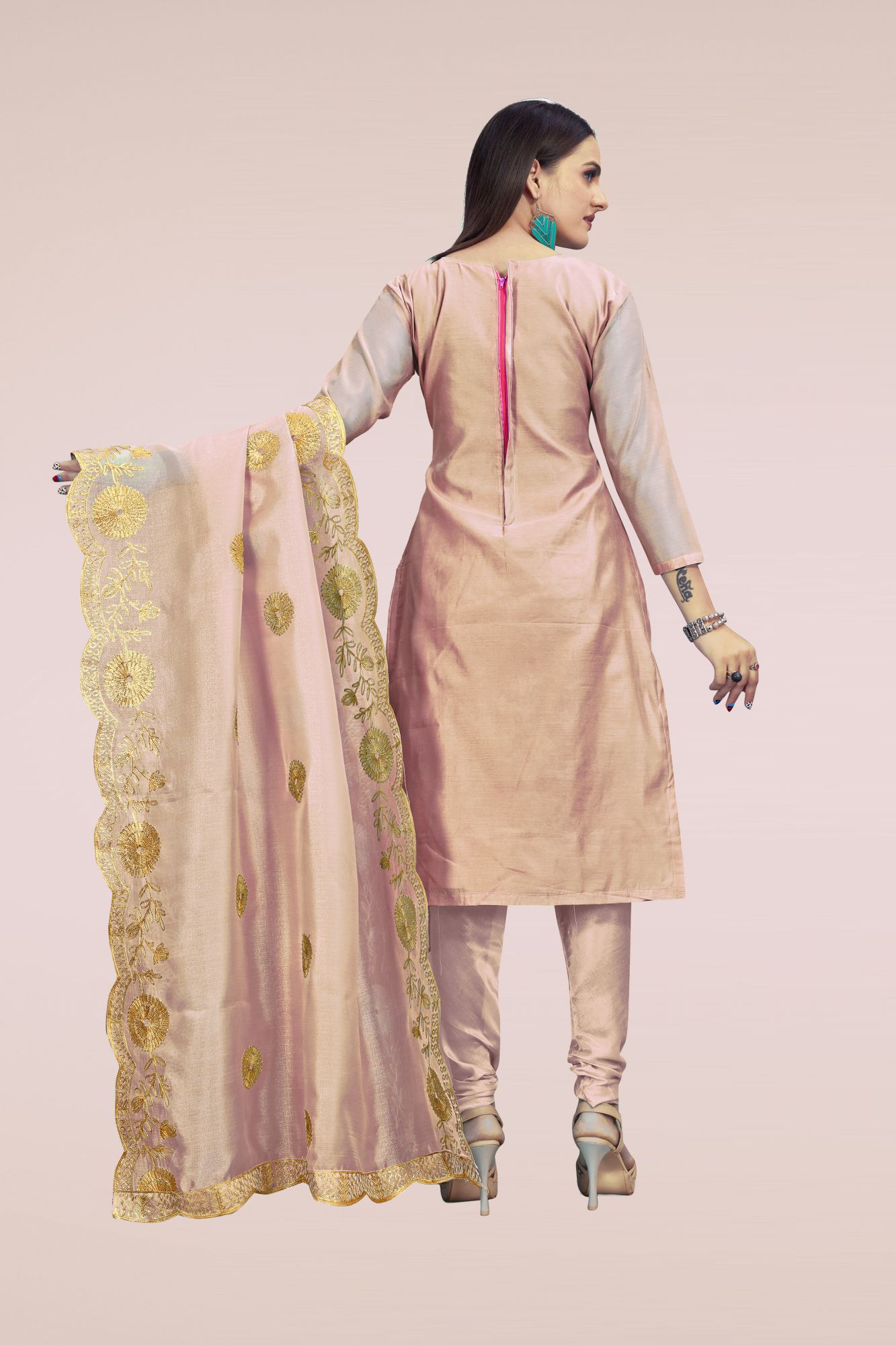 Peach Chanderi Sequins Festival Party Churidar Salwar Kameez