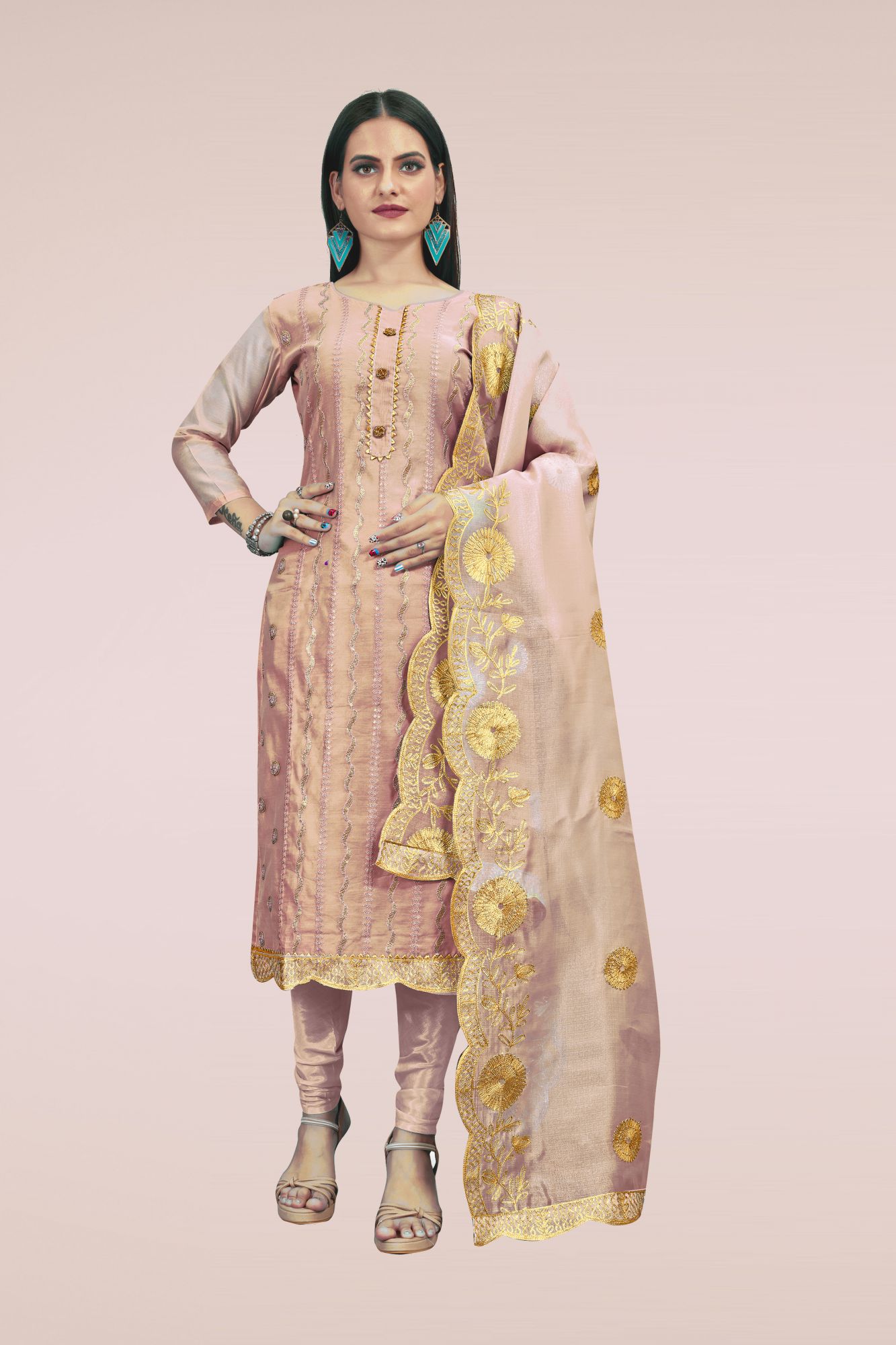 Peach Chanderi Sequins Festival Party Churidar Salwar Kameez