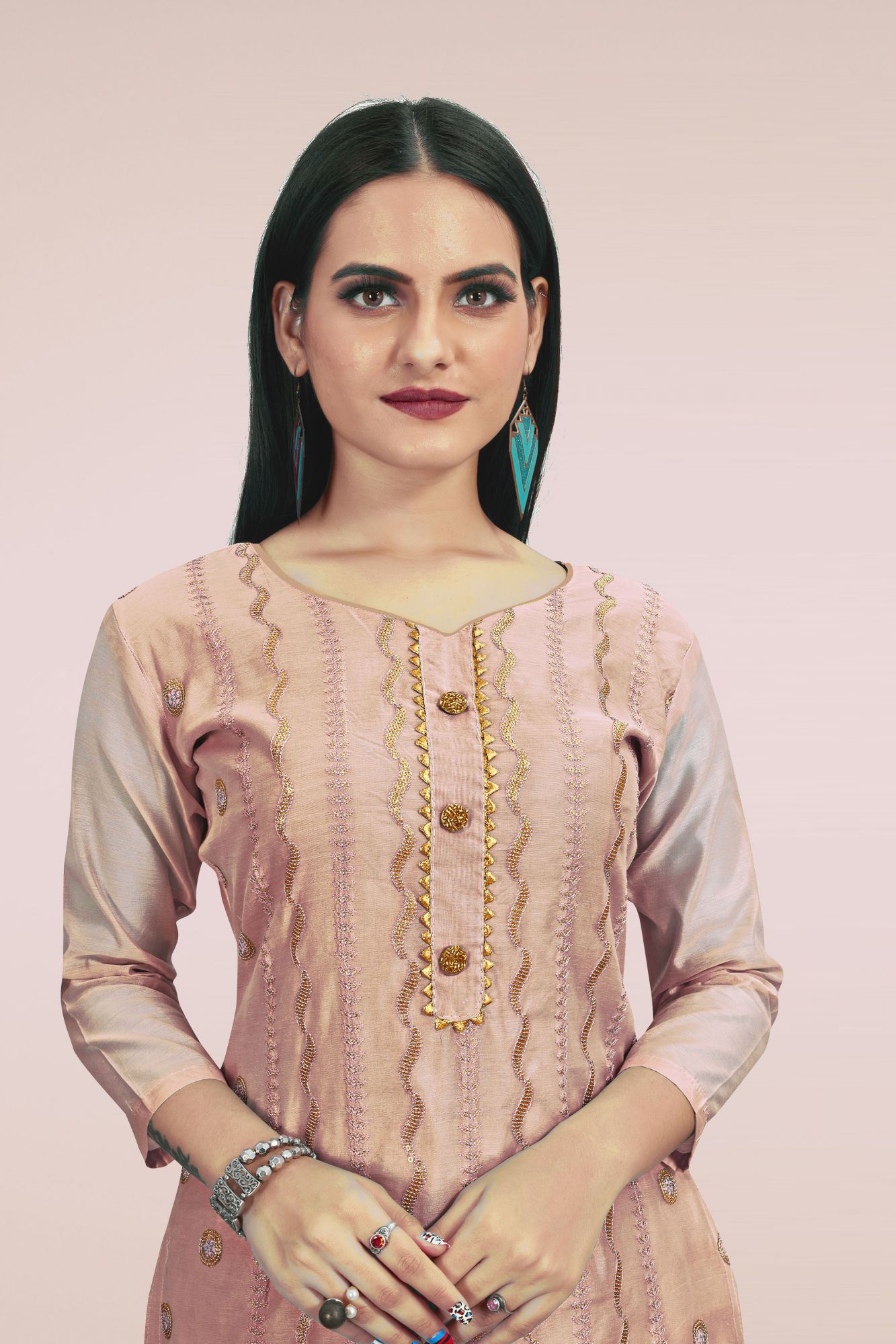 Peach Chanderi Sequins Festival Party Churidar Salwar Kameez