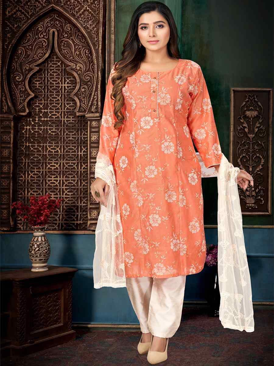 Peach Chanderi Silk Embroidered Festival Wedding Pant Salwar Kameez