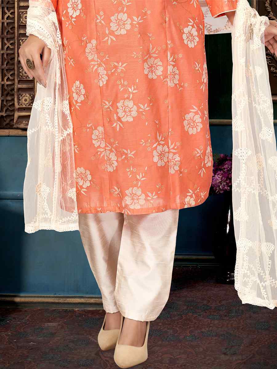 Peach Chanderi Silk Embroidered Festival Wedding Pant Salwar Kameez
