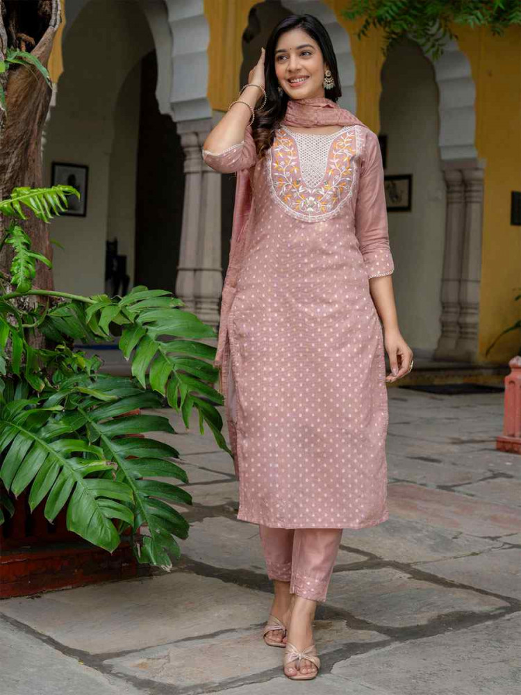 Image of Peach Chanderi Silk Embroidery Party Wedding Festival Casual Ready Pant Salwar Kameez