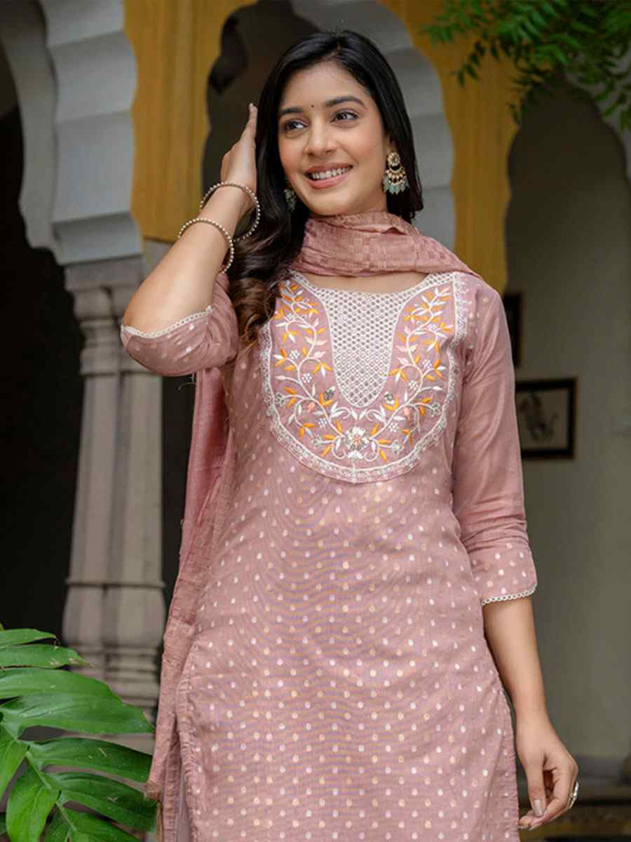 Peach Chanderi Silk Embroidery Party Wedding Festival Casual Ready Pant Salwar Kameez