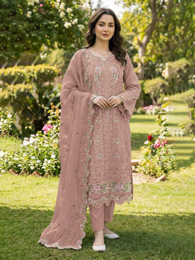 Image of Peach Chiffon Embroidery Sequins Zari Wedding Party Festival Casual Pant Salwar Kameez