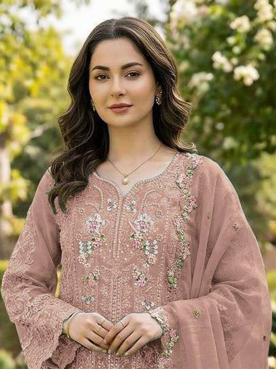 Peach Chiffon Embroidery Sequins Zari Wedding Party Festival Casual Pant Salwar Kameez
