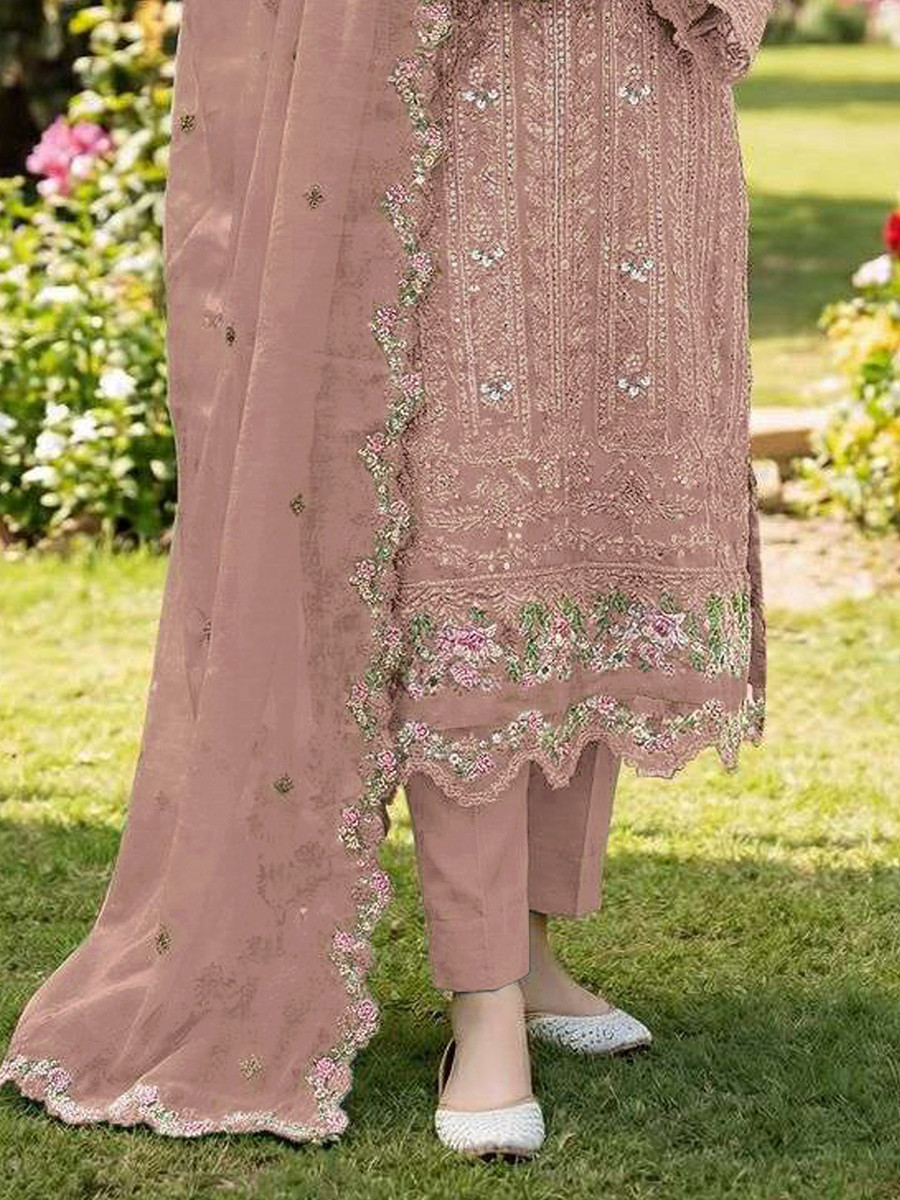 Peach Chiffon Embroidery Sequins Zari Wedding Party Festival Casual Pant Salwar Kameez