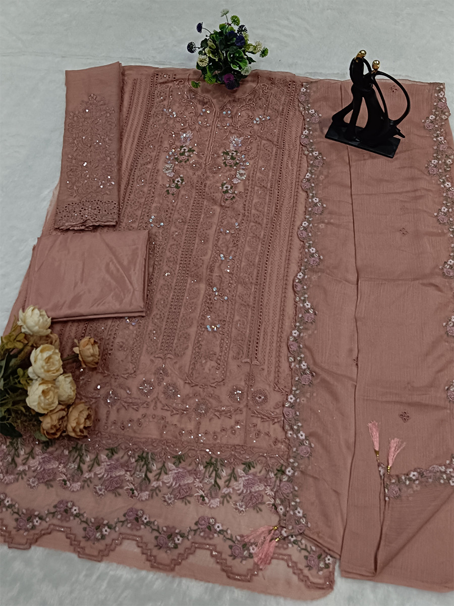 Peach Chiffon Embroidery Sequins Zari Wedding Party Festival Casual Pant Salwar Kameez