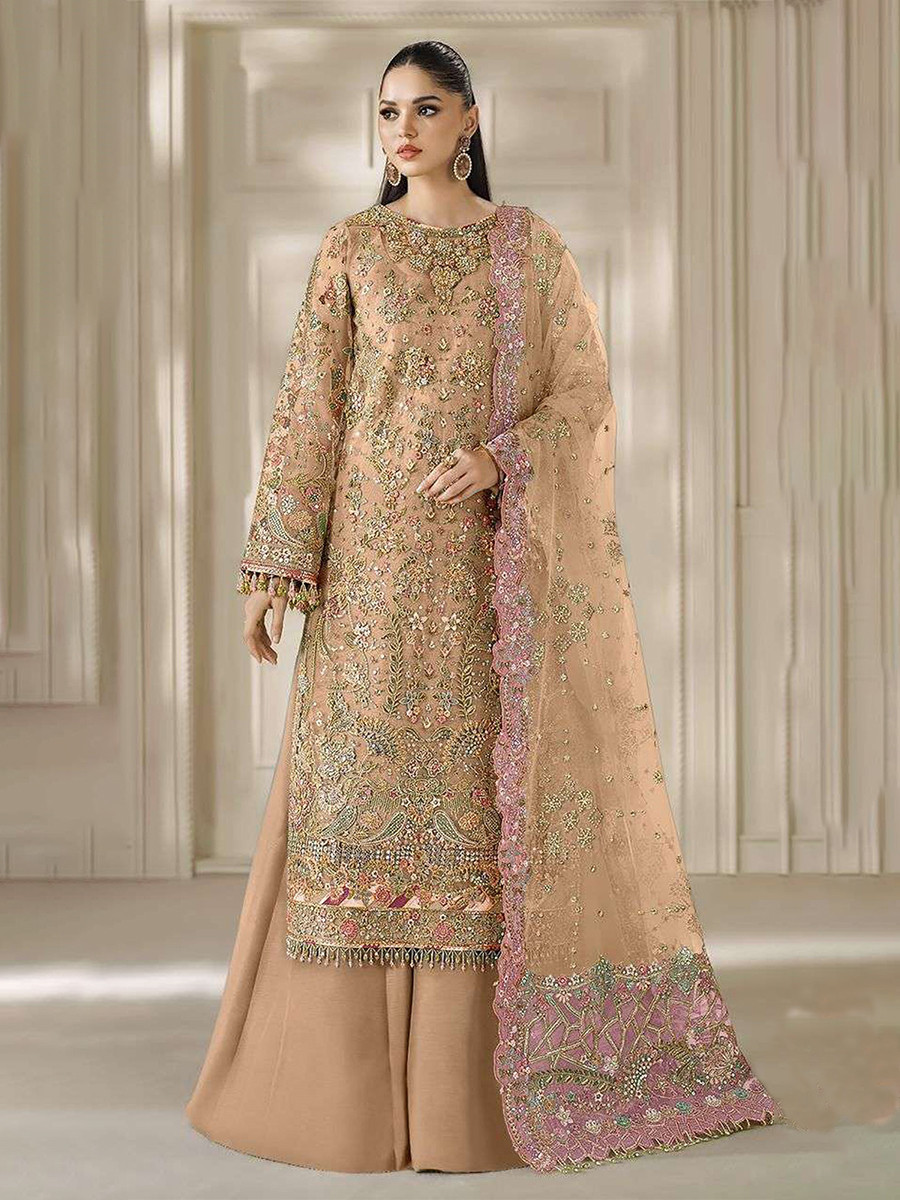 Peach Chiffon Embroidery Zari Sequins Wedding Party Festival Casual Palazzo Pant Salwar Kameez