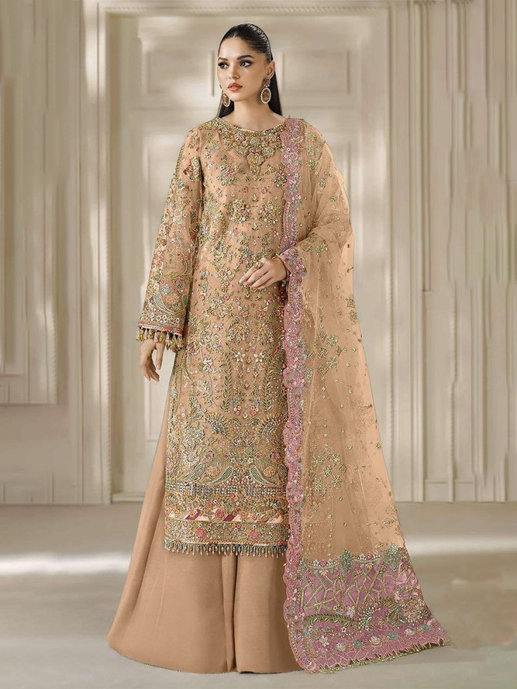 Image of Peach Chiffon Embroidery Zari Sequins Wedding Party Festival Casual Palazzo Pant Salwar Kameez