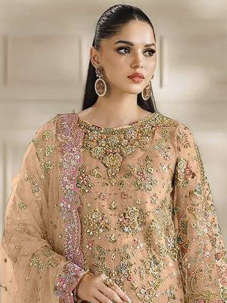 Peach Chiffon Embroidery Zari Sequins Wedding Party Festival Casual Palazzo Pant Salwar Kameez