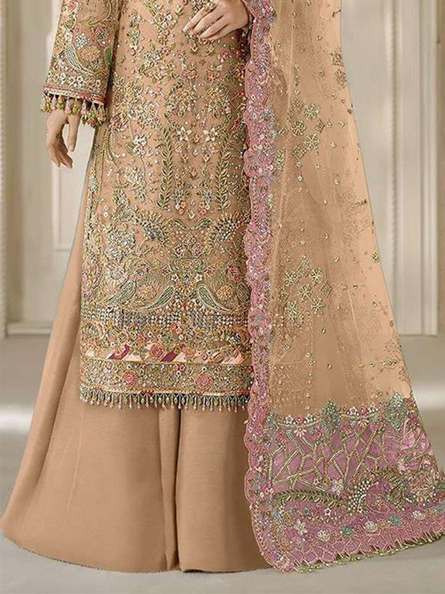Peach Chiffon Embroidery Zari Sequins Wedding Party Festival Casual Palazzo Pant Salwar Kameez