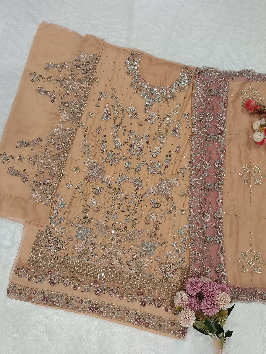 Peach Chiffon Embroidery Zari Sequins Wedding Party Festival Casual Palazzo Pant Salwar Kameez