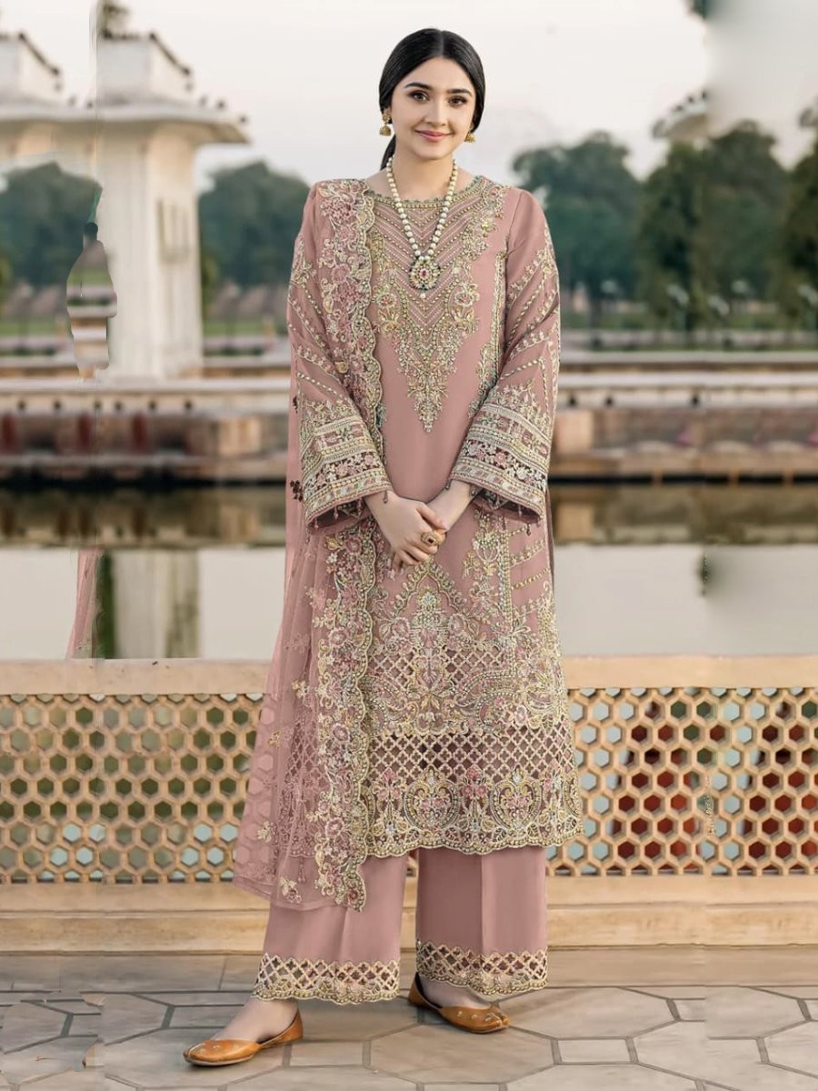 Peach Chiffon Embroidery Zari Sequins Wedding Party Festival Casual Palazzo Pant Salwar Kameez